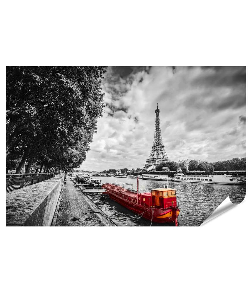 Islandburner Premium Poster Vintage rotes Touristenschiff auf der Seine, Paris mit Eiffelturm, Frankreich