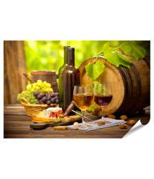 Premium Poster Stillleben mit Wein und Käse auf einem Tisch als Wandbild
