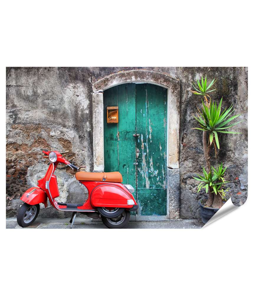 Islandburner Premium Poster Alte italienische Tür mit einer roten Vespa davor