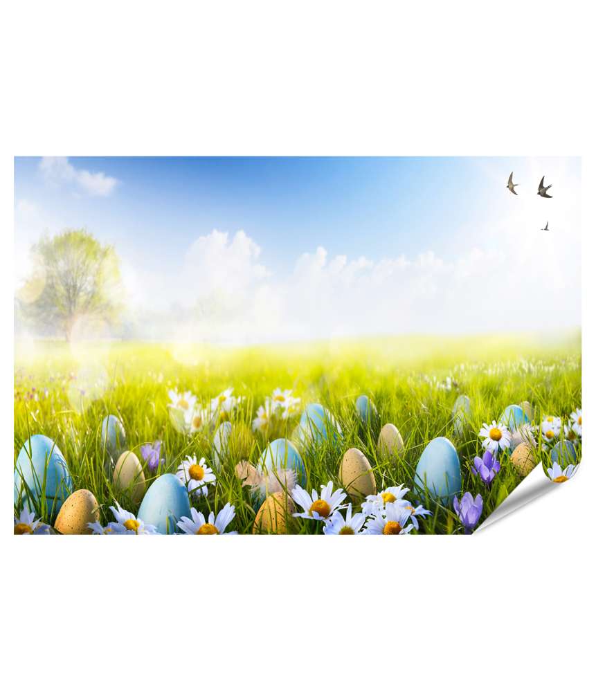 Islandburner Premium Poster Vibrantes Wandbild von bunt bemalten Ostereiern und Blumen im Gras