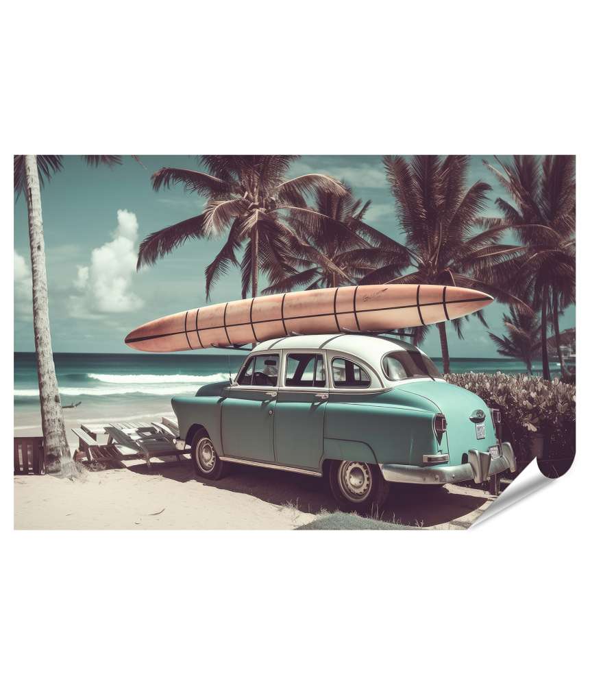 Islandburner Premium Poster Vintage Auto mit Surfbrett auf einem nostalgischen Wandbild