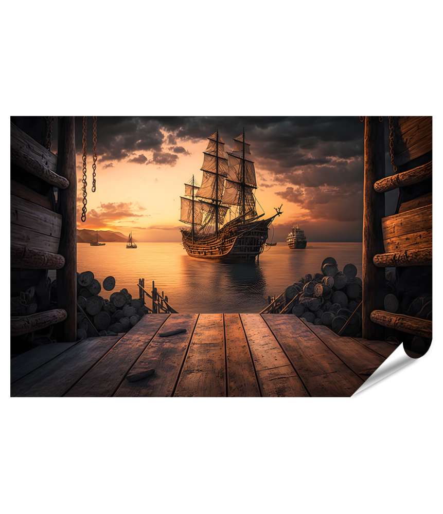 Islandburner Premium Poster Blick auf Piratenschiff im Hafen und alte Segelschiffe bei Sonnenuntergang