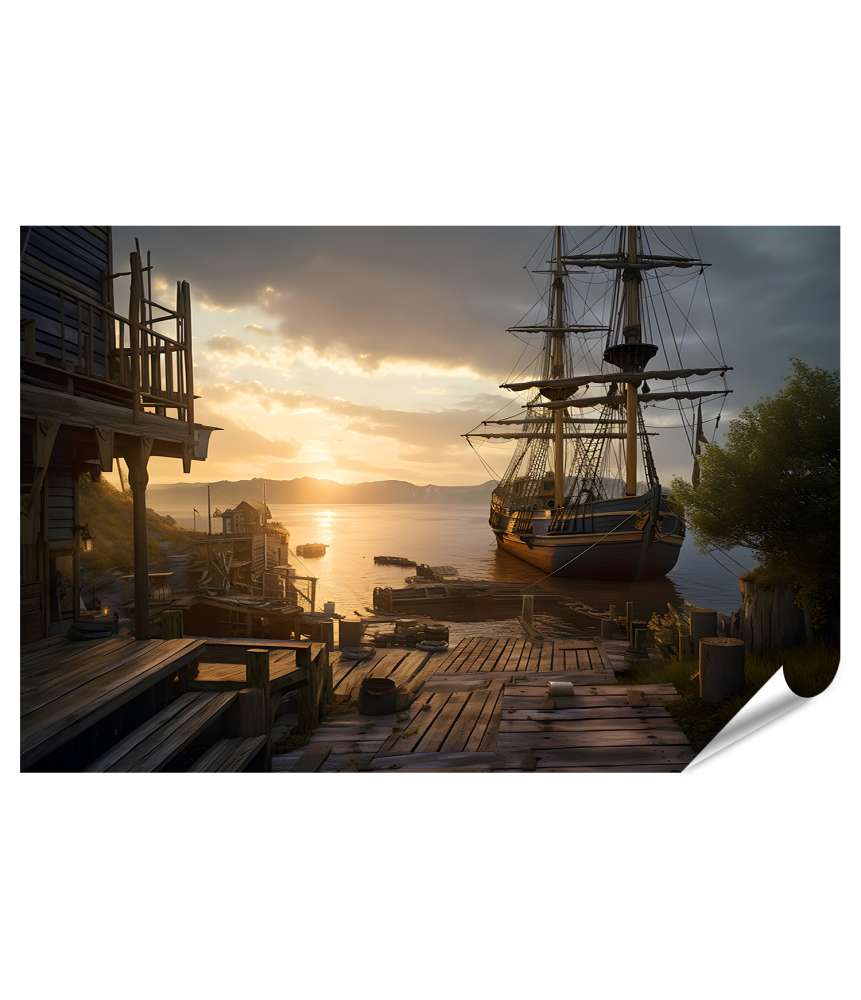 Islandburner Premium Poster Piratenschiff mit Blick auf antike Segelschiffe im Sonnenuntergang am Meer