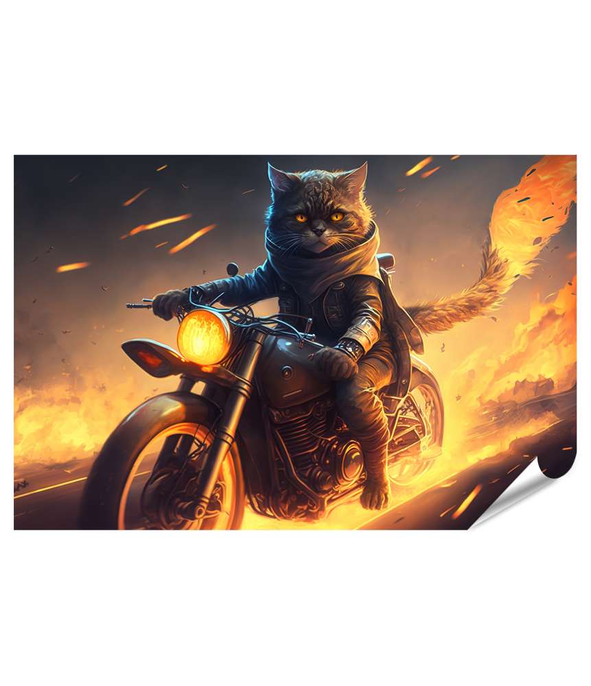 Islandburner Premium Poster Mutiger Superhelden-Biker reitet feurig mit Katze auf Motorrad