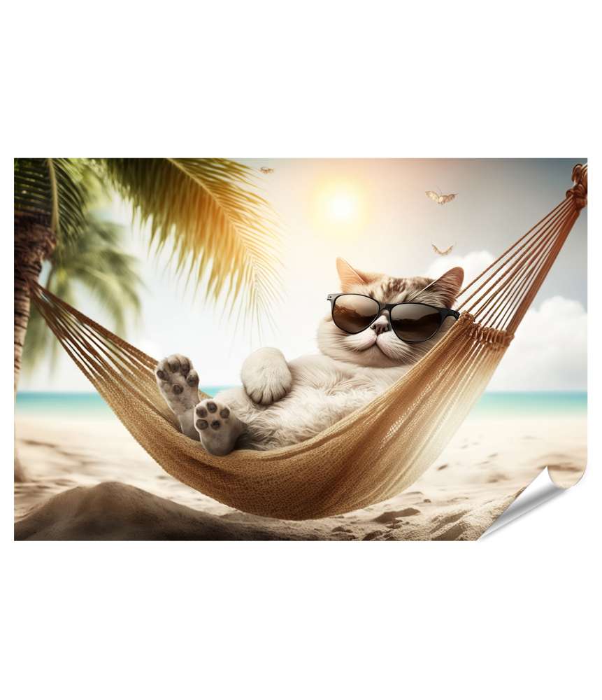 Islandburner Premium Poster Entspannte Katze mit Sonnenbrille am Strand - Lustiges Haustier-Urlaubsbild