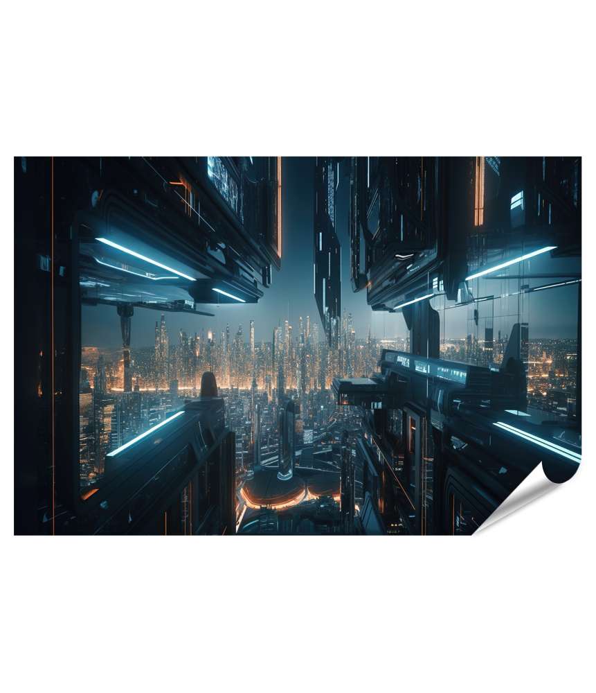 Islandburner Premium Poster Futuristische Cyberpunk-Stadt bei Nacht: Panorama mit Hochhäusern