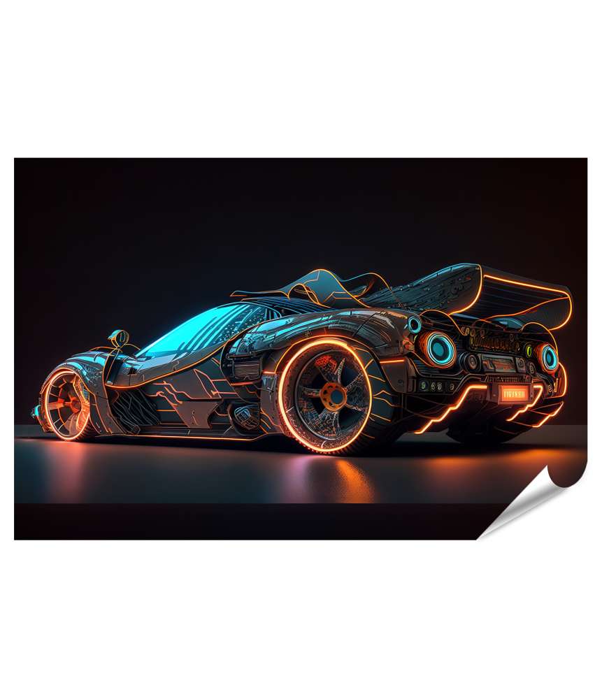 Islandburner Premium Poster Futuristischer, neon-leuchtender Luxus-Sportwagen im glänzenden Cyberpunk-Stil