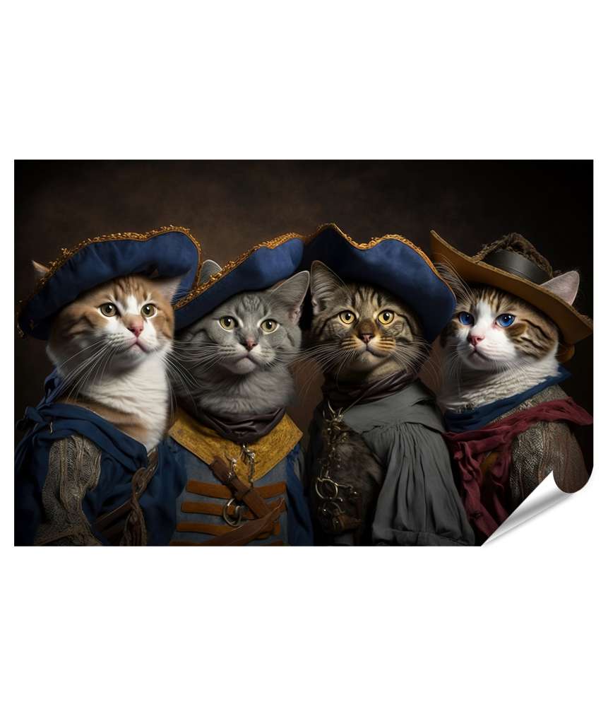 Islandburner Premium Poster Humorvolles Wandbild: Katzen als Musketiere, berühmte Helden-Rollen neu interpretiert