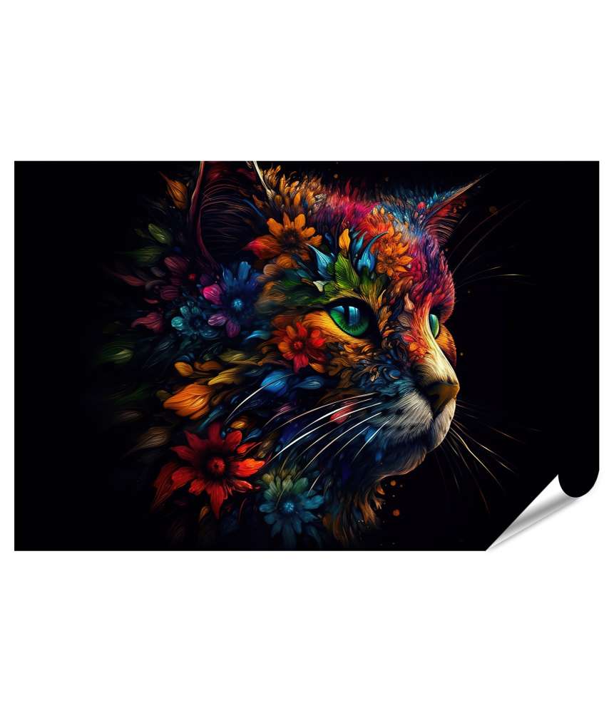 Islandburner Premium Poster Schöner Wandbild-Kopf einer Katze in hellen Farben und dunklem Hintergrund