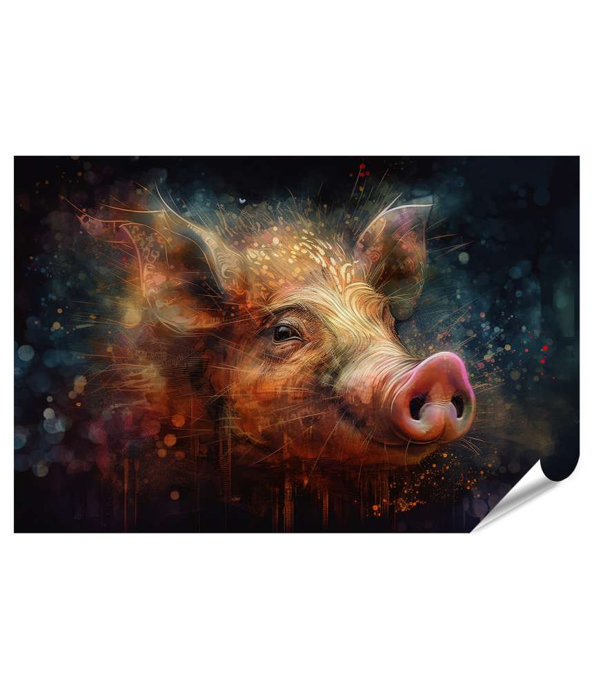 Islandburner Premium Poster Buntes Wandbild eines Schweins mit dunklen Mustern