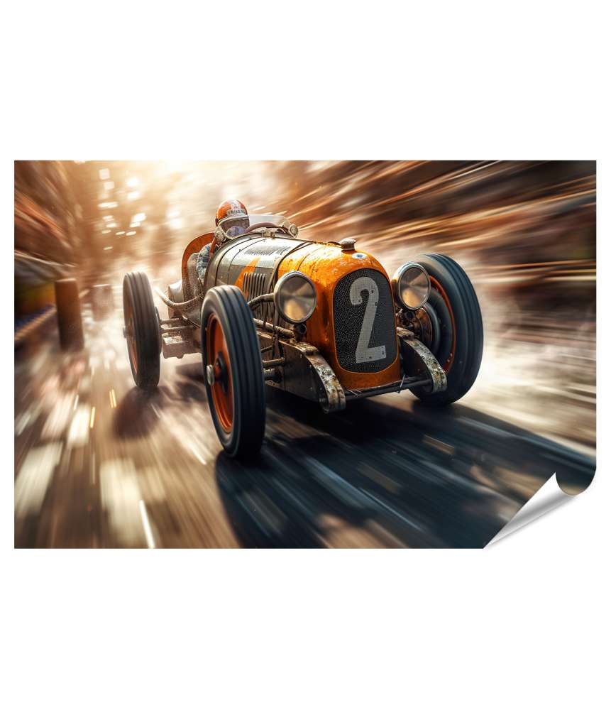 Islandburner Premium Poster Vintage Rennwagen in voller Fahrt auf einer Rennstrecke als Wandbild