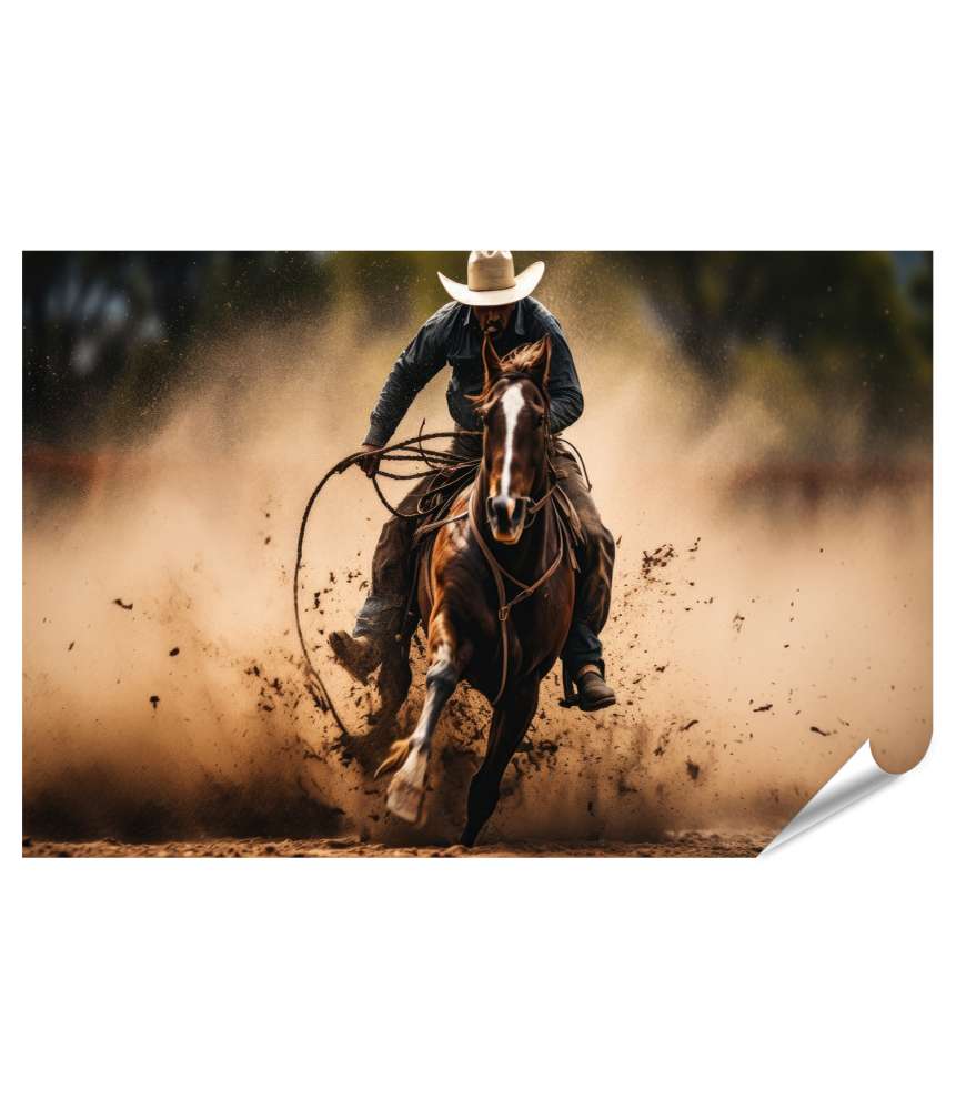 Islandburner Premium Poster Cowboy mit Hut reitet auf Pferd und schwingt Lasso in Westernlandschaft