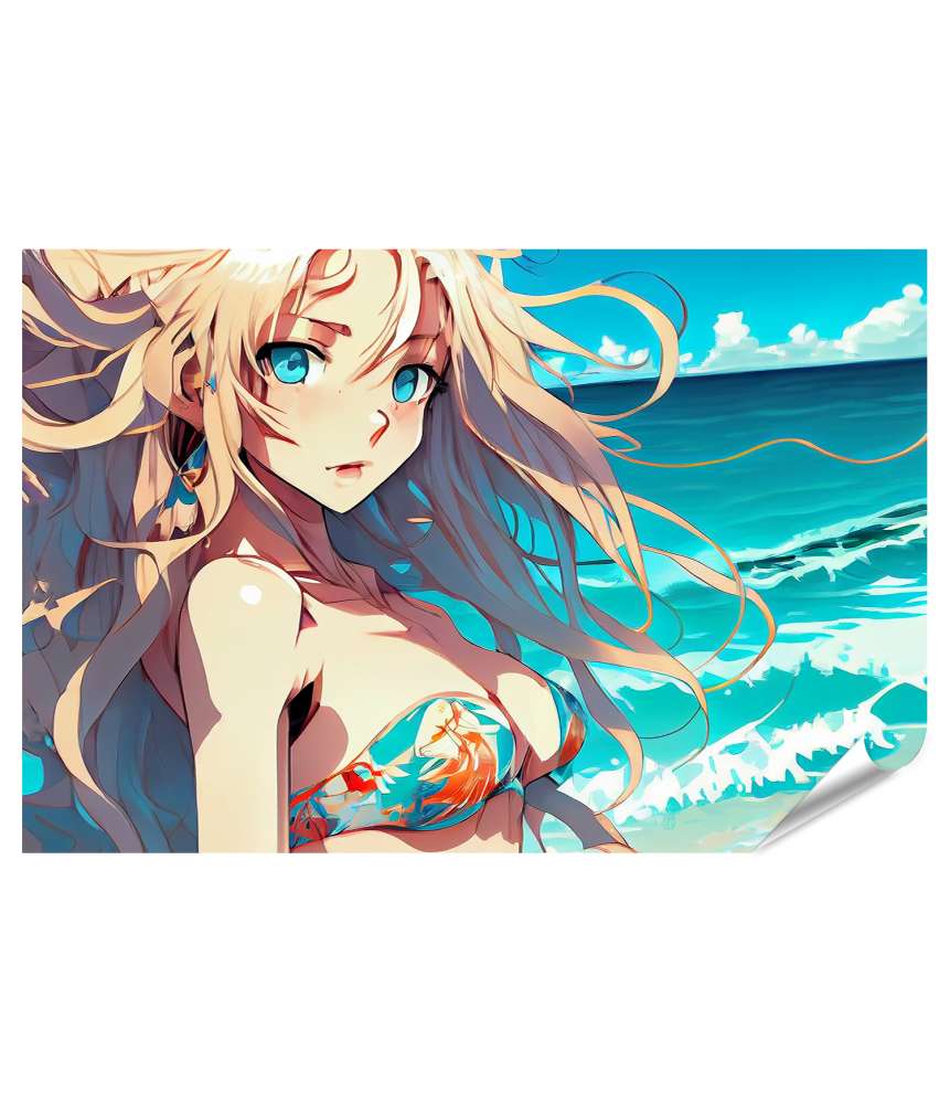 Islandburner Premium Poster Anime-Mädchen mit langem blauen Haar in Cosplay-Manga-Stil Wandbild