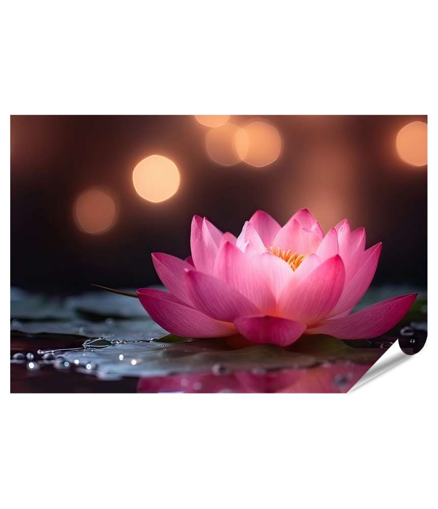 Islandburner Premium Poster Fesselndes Wandbild mit lebendiger rosa Lotusblume vor schimmerndem Bokeh