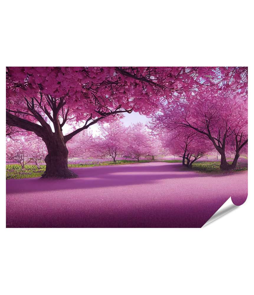 Islandburner Premium Poster Romantischer Tunnel aus rosa Sakura-Bäumen mit fallenden Blüten im Frühling