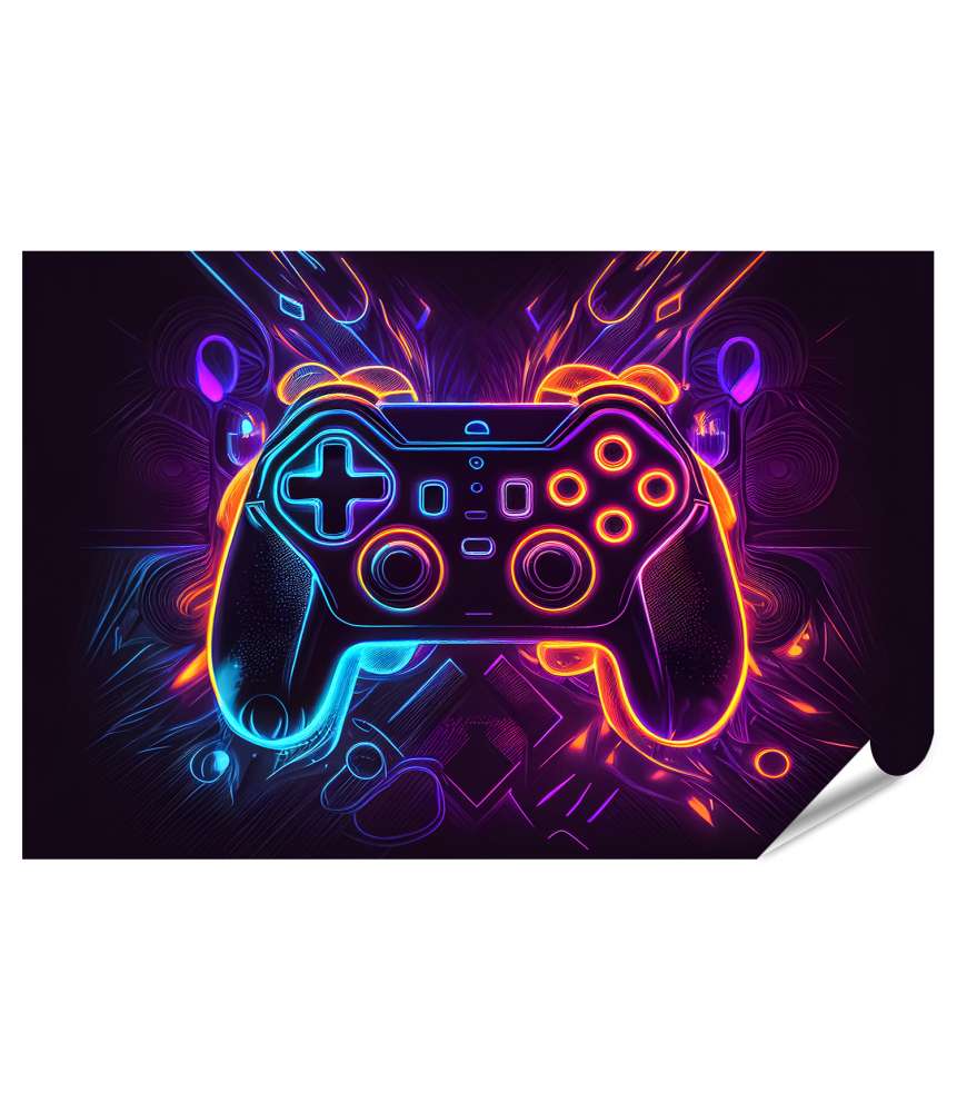 Islandburner Premium Poster Neon-abstraktes Wandbild von Videospiel-Controllern im Cyber-Stil