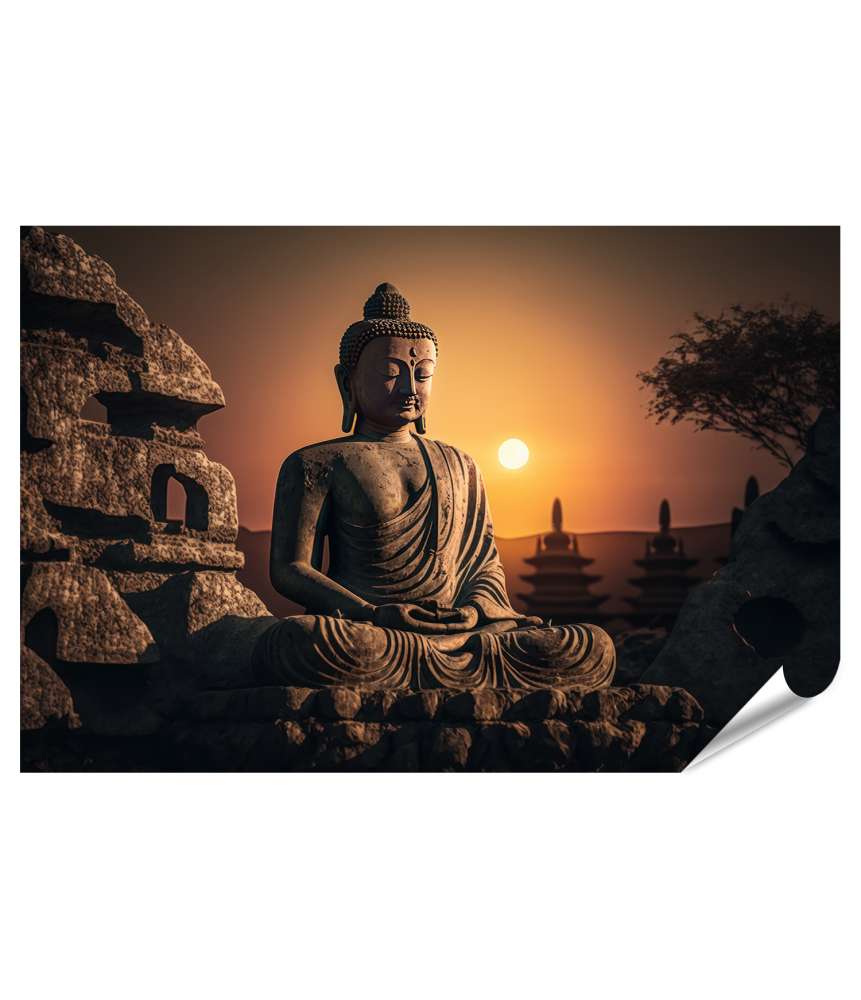 Islandburner Premium Poster Buddha-Statue bei Sonnenuntergang zum Vesak-Tag, Buddha Purnima