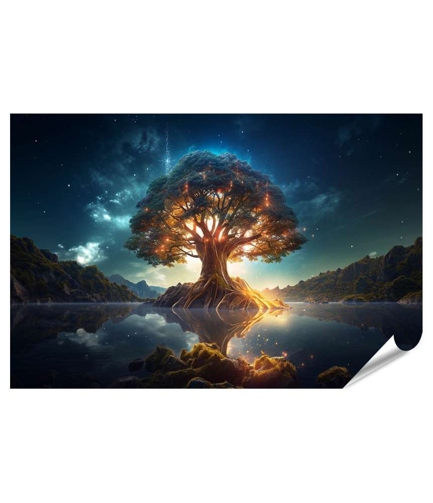 Islandburner Premium Poster Leuchtender Yggdrasil, farbenfroher Heiliger Weltbaum der nordischen Mythologie