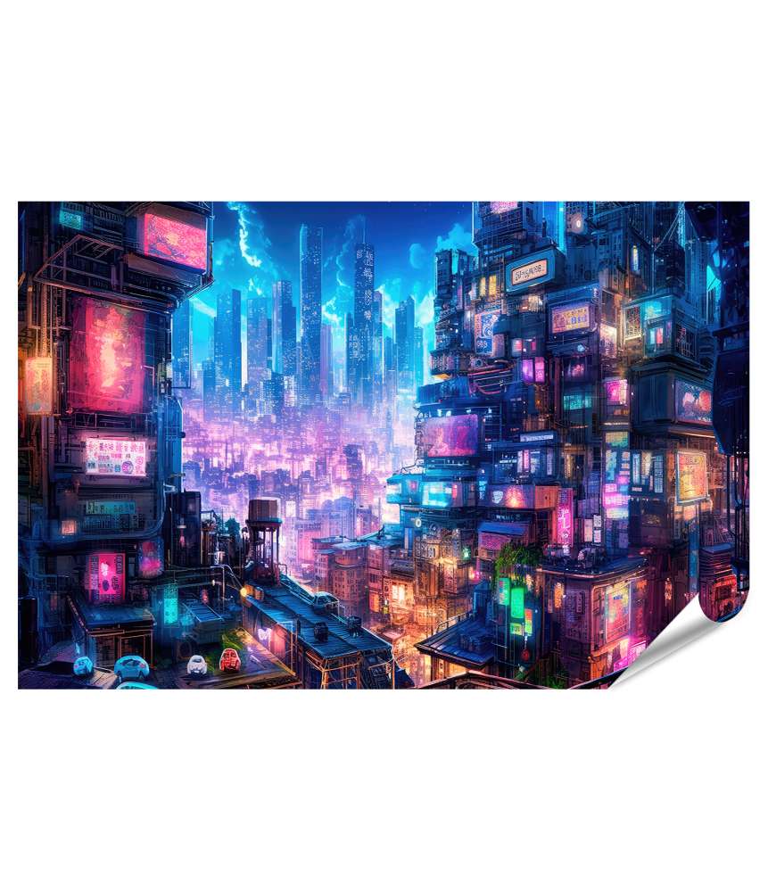 Islandburner Premium Poster Bezauberndes digitales Wandbild einer Anime-Cyberpunk-Stadt bei Nacht