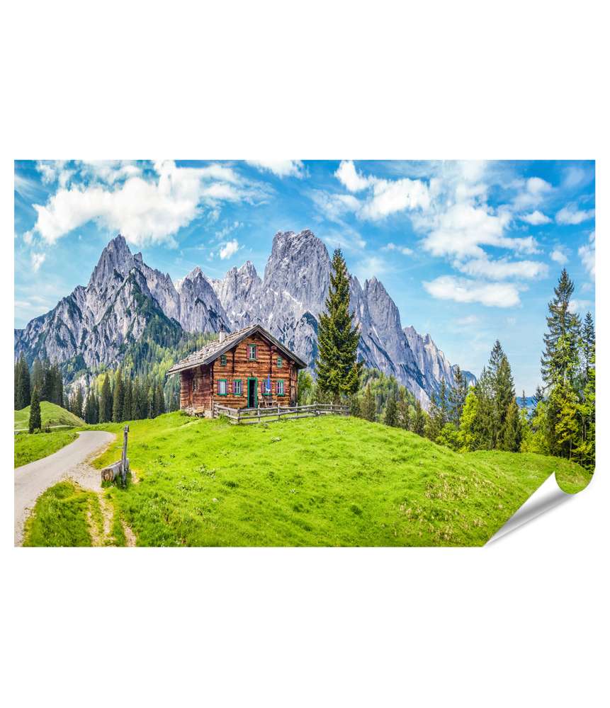 Islandburner Premium Poster Malerisches Panorama einer idyllischen Alpenlandschaft mit Berghütte