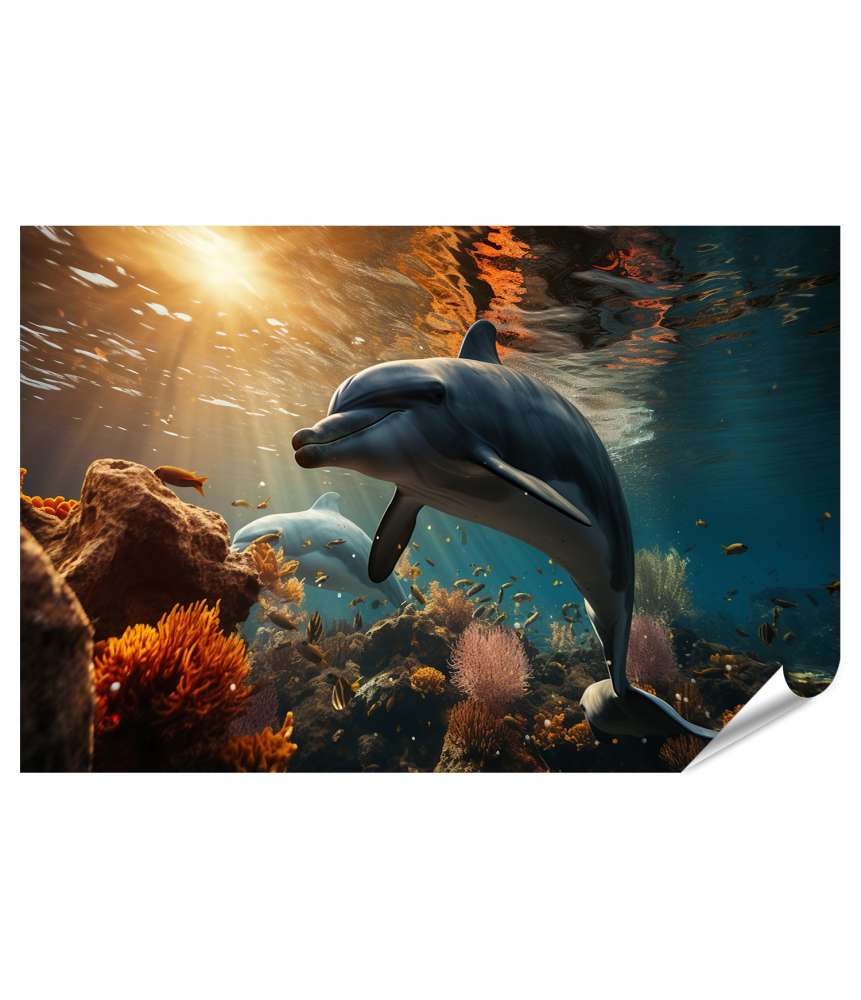 Islandburner Premium Poster Ein verspielter Delfin schwimmt träumend durch ein farbenfrohes Unterwasser-Korallenriff