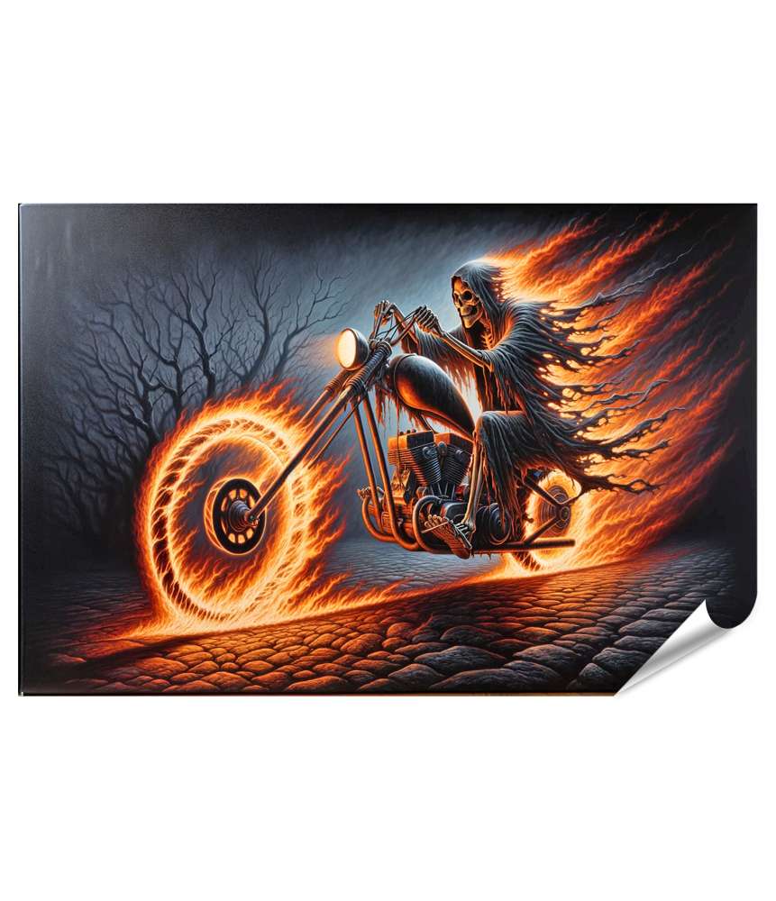 Islandburner Premium Poster Dunkle Fahrt: Ein Skelett auf einem Motorrad umgeben von Flammen