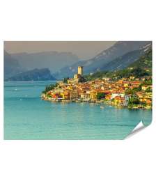 Premium Poster Atemberaubendes Wandbild: Gardasee mit hohen Bergen, Malcesine, Mittelmeer