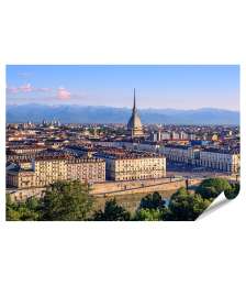 Premium Poster Panorama von Turins Stadtzentrum mit Mole Antonelliana Turm und Alpenbergen