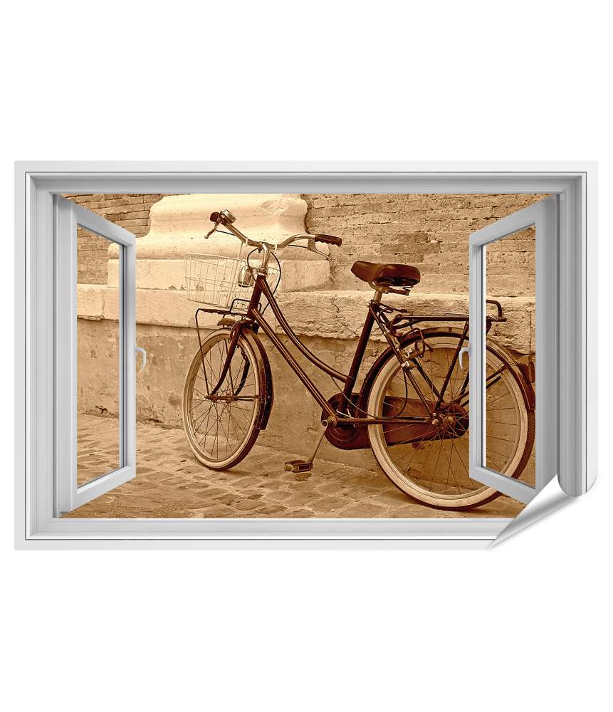 Premium Poster Blick durchs Fenster auf einen an die Wand gelehnten Oldtimer-Fahrrad