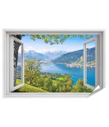 Premium Poster Panoramablick auf prächtige Alpenlandschaft durch ein Fenster-Wandbild