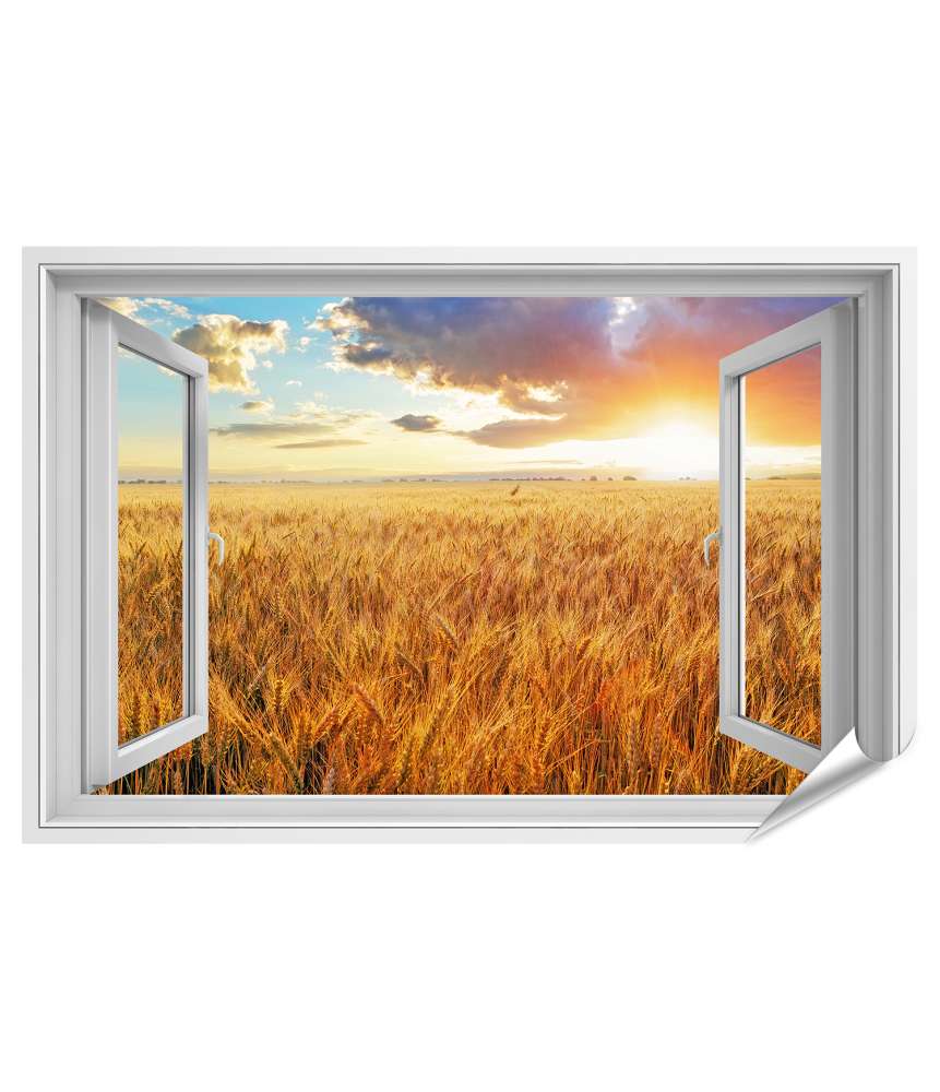 Premium Poster Blick durchs Fenster auf einen atemberaubenden Sonnenuntergang über Weizenfeld