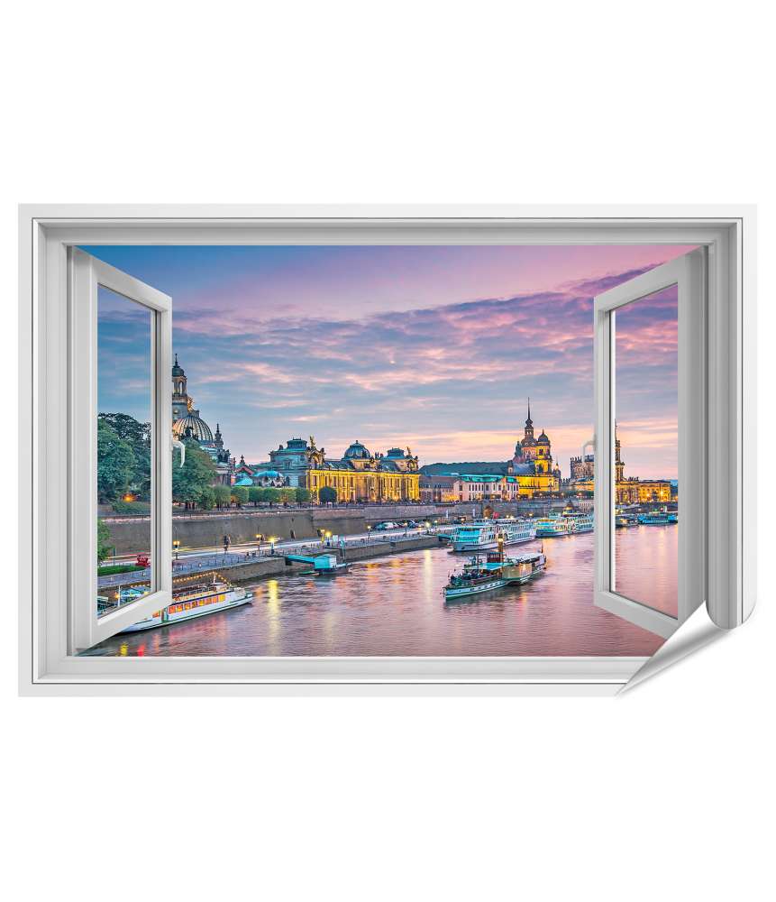 Premium Poster Blick auf Dresden, Deutschland, über der Elbe durch ein Fensterbild