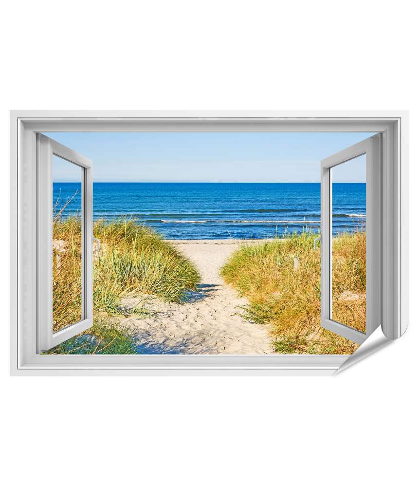 Premium Poster Blick durchs Fenster auf den Strandweg zur Ostsee, umgeben von Marramgras