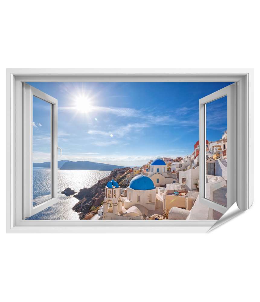 Premium Poster Blick auf das malerische Dorf Oia auf Santorin, Griechenland, durch ein Fenster