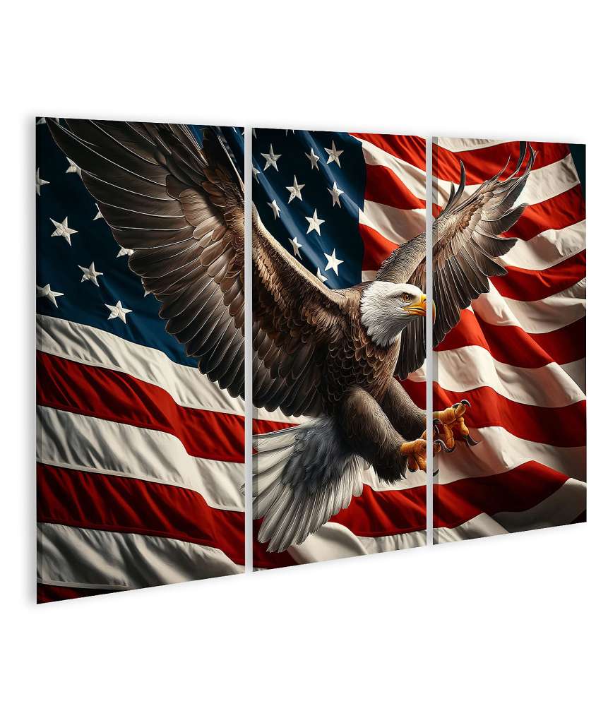 islandburner Bild auf Leinwand Majestätischer Weißkopfseeadler fliegt vor der Amerikanischen Flagge