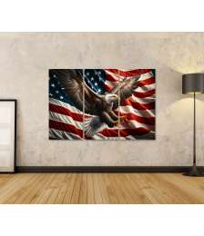 islandburner Bild auf Leinwand Majestätischer Weißkopfseeadler fliegt vor der Amerikanischen Flagge