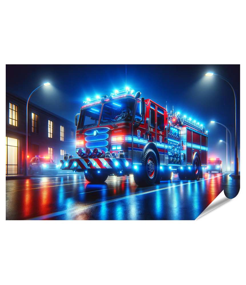 islandburner Premium Poster Spektakuläres Feuerwehrauto Mit Blaulicht Bereit Für Einsatz