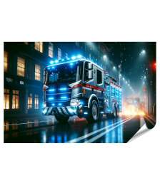 islandburner Premium Poster Spektakuläres Feuerwehrauto Mit Blaulicht In Stadtumgebung