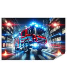 islandburner Premium Poster Spektakuläres Feuerwehrauto Mit Blaulicht In Städtischer Umgebung