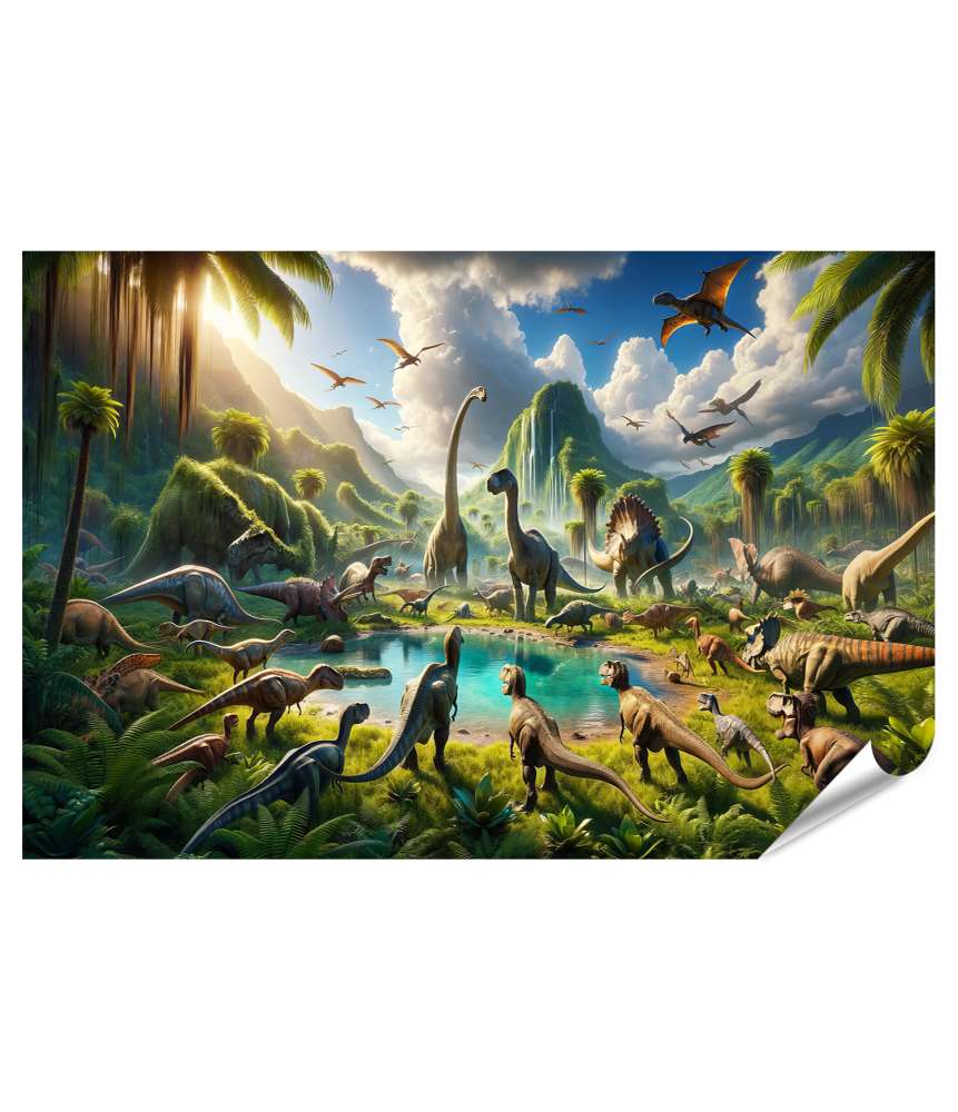 islandburner Premium Poster Verschiedene Dinosaurier versammeln sich am Wasserloch im Morgengrauen