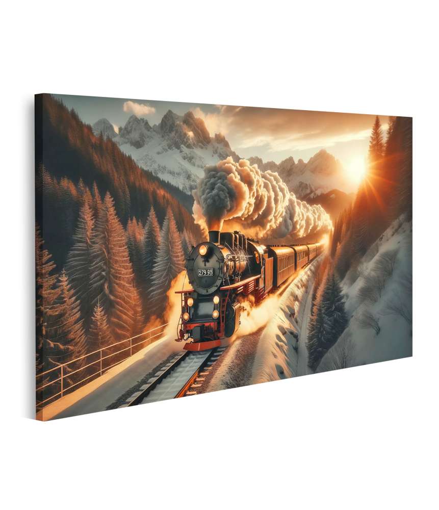 islandburner Bild auf Leinwand Alter Dampfzug fährt bei Sonnenuntergang durch Schnee