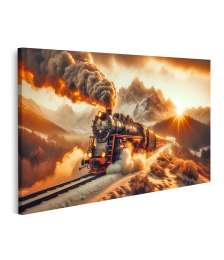 islandburner Bild auf Leinwand Dampflokomotive bei Sonnenuntergang in winterlicher Berglandschaft