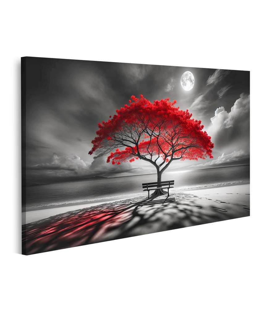 islandburner Bild auf Leinwand Dramatische Schwarzweiß-Strandlandschaft mit rotem Baum