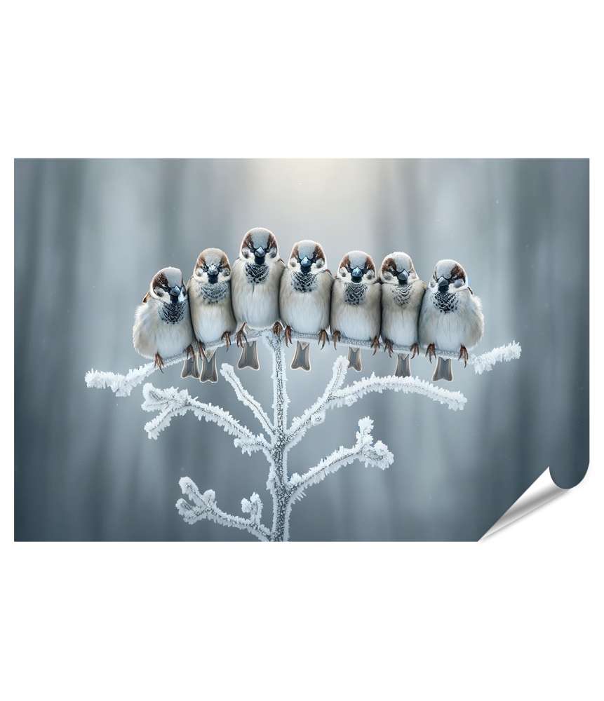 islandburner Premium Poster Acht Sperlinge auf einem frostbedeckten Ast im Winter