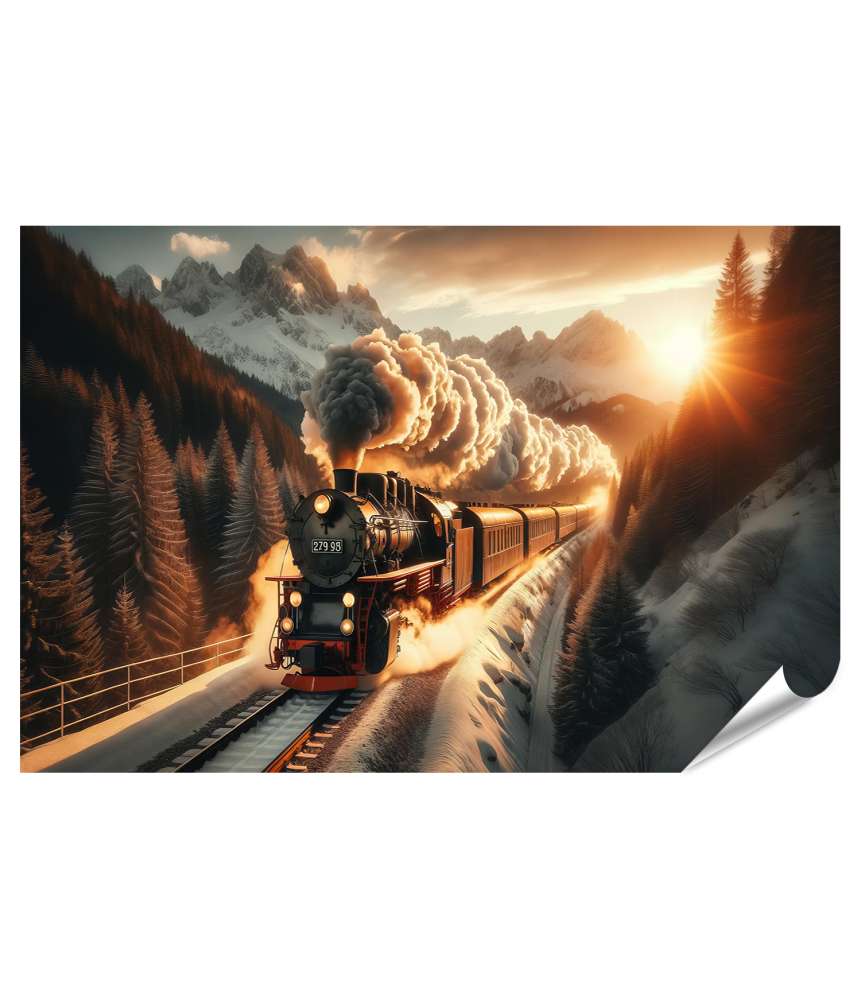 islandburner Premium Poster Alter Dampfzug fährt bei Sonnenuntergang durch Schnee