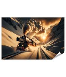 islandburner Premium Poster Dampflok in schneebedeckten Bergen bei Sonnenuntergang