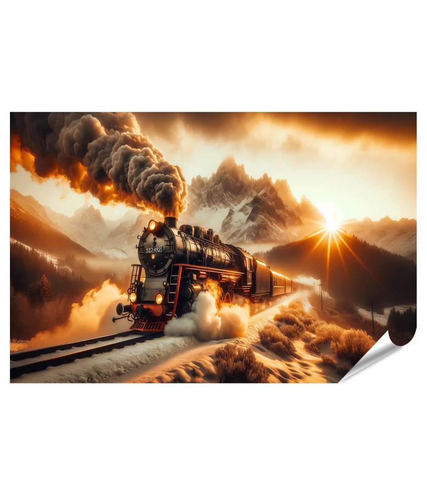 islandburner Premium Poster Dampflokomotive bei Sonnenuntergang in winterlicher Berglandschaft