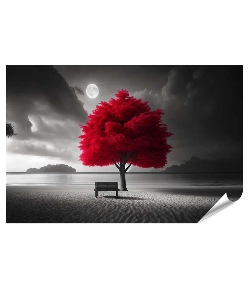 islandburner Premium Poster Dramatische Küstenlandschaft mit leuchtend rotem Baum