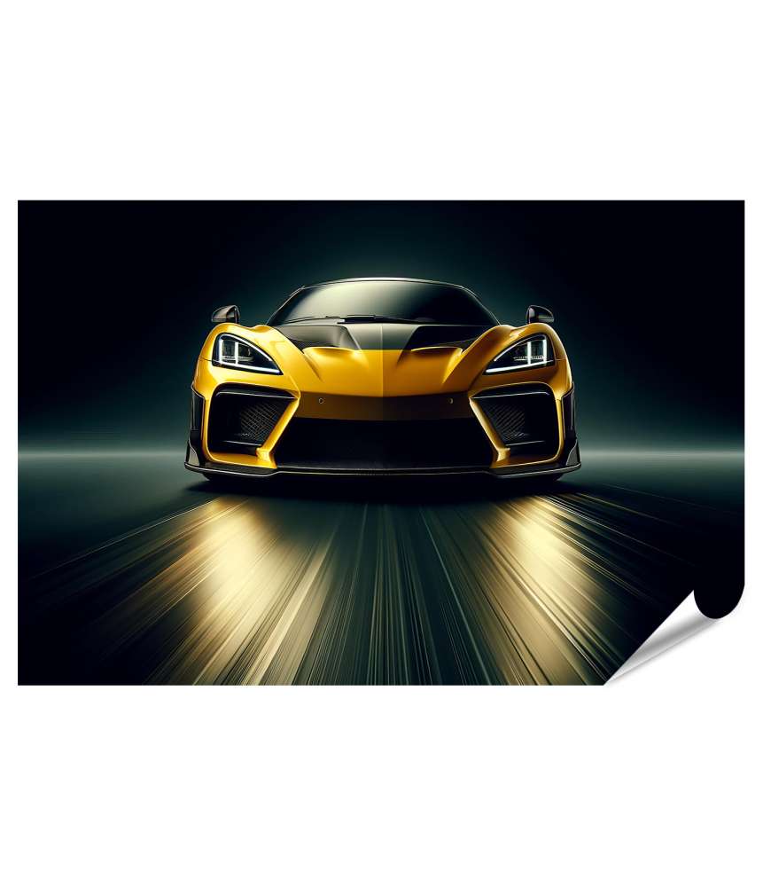 islandburner Premium Poster Dynamische Frontansicht eines gelben Sportwagens