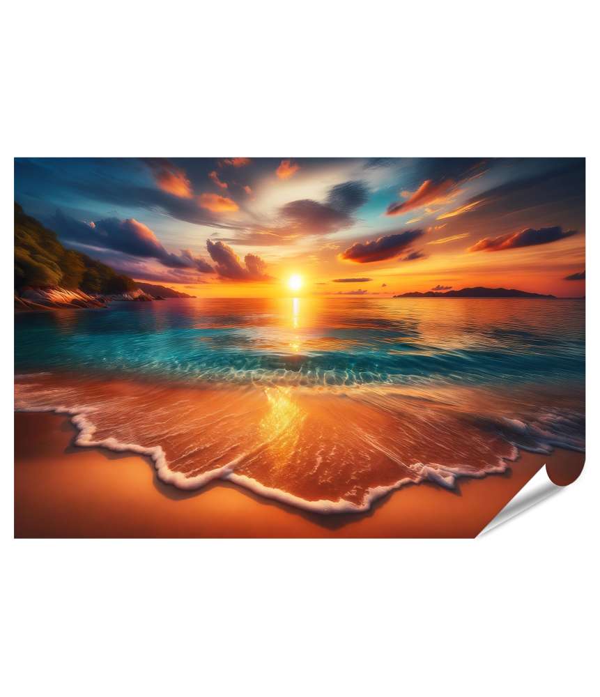 islandburner Premium Poster Goldener Sonnenuntergang am ruhigen Strand